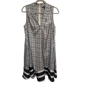 Peter Som Women's L Sleeveless Geometric Print V Neck Midi Dress Black‎ White